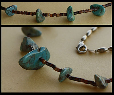 Collier ethique Amerindien avec turquoises, perles en coquillage, perles d'argent