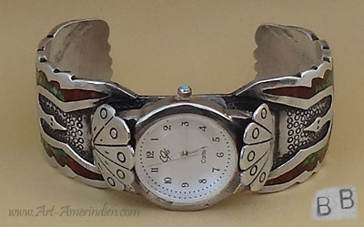 Bracelet montre Navajo en argent pour femme, symbole peyote bird 