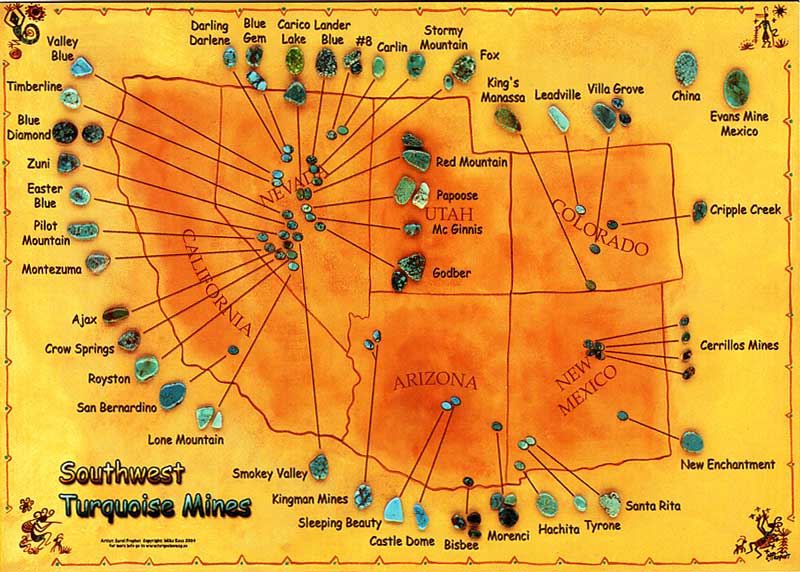 Carte de localisation des principales mines de turquoise aux USA